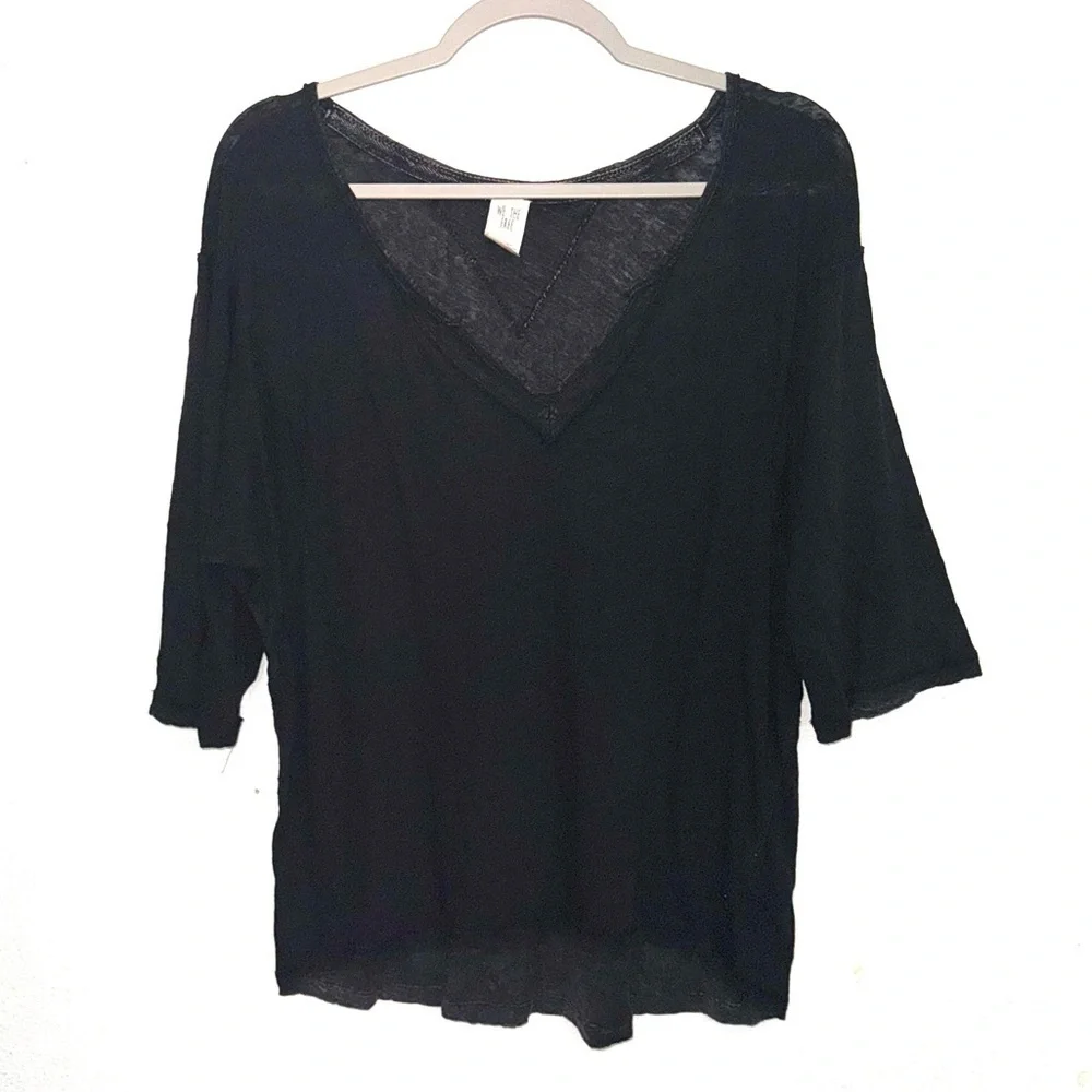 Free People We the Free Head In The Clouds Linen Blend Tee Black Size Small